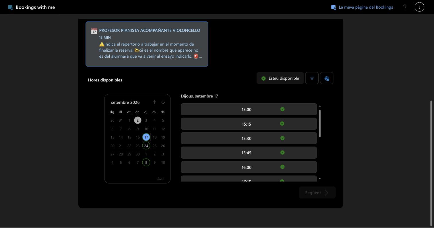 Microsoft Bookings para los ensayos del Profesor Pianista Acompañante
