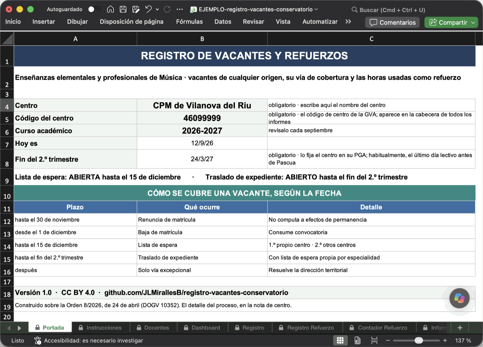 Registro de vacantes y refuerzos, una plantilla de Excel para conservatorios